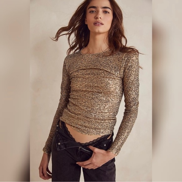 NWT Free People Gold Rush Long Sleeve Top - M - Picture 1 of 7